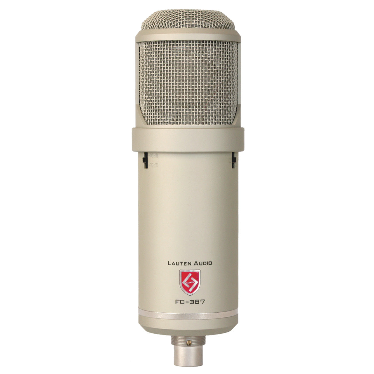Lauten Audio Atlantis FC-387 Large-Diaphragm FET Condenser Microphone front view showing Lauten logo and both gain control and polar pattern selector switches.