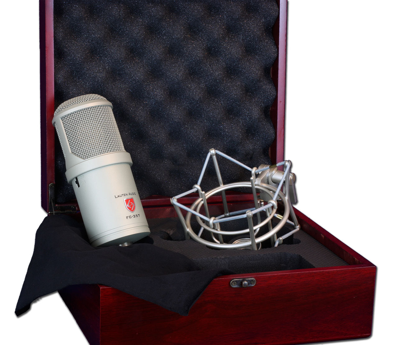 Lauten Audio Clarion FC-357 Multi-Pattern Large-Diaphragm FET Condenser Microphone contents, displaying the microphone alongside its included shockmount and custom case.