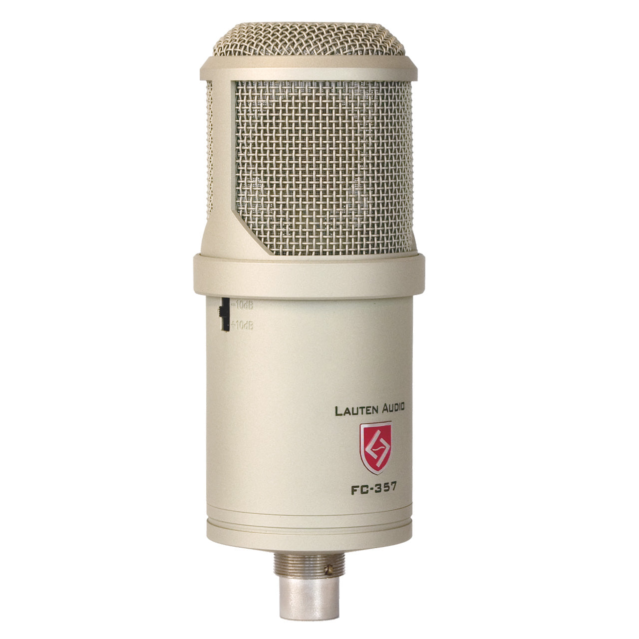 Lauten Audio Clarion FC-357 Multi-Pattern Large-Diaphragm FET Condenser Microphone side view, showing its large grille and gain control switch.