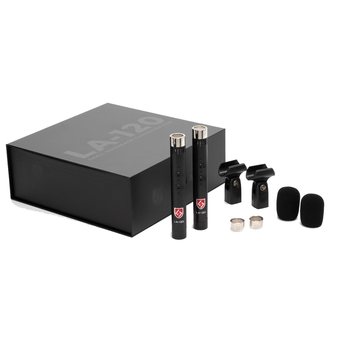 Lauten Audio LA-120 V2 Small-Diaphragm Condenser Microphone Pair with cardioid and omni capsules, mic clips, windshields, and box.