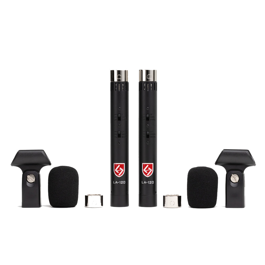 Lauten Audio LA-120 V2 Small-Diaphragm Condenser Microphone Pair with cardioid and omni capsules, mic clips, and windshields.