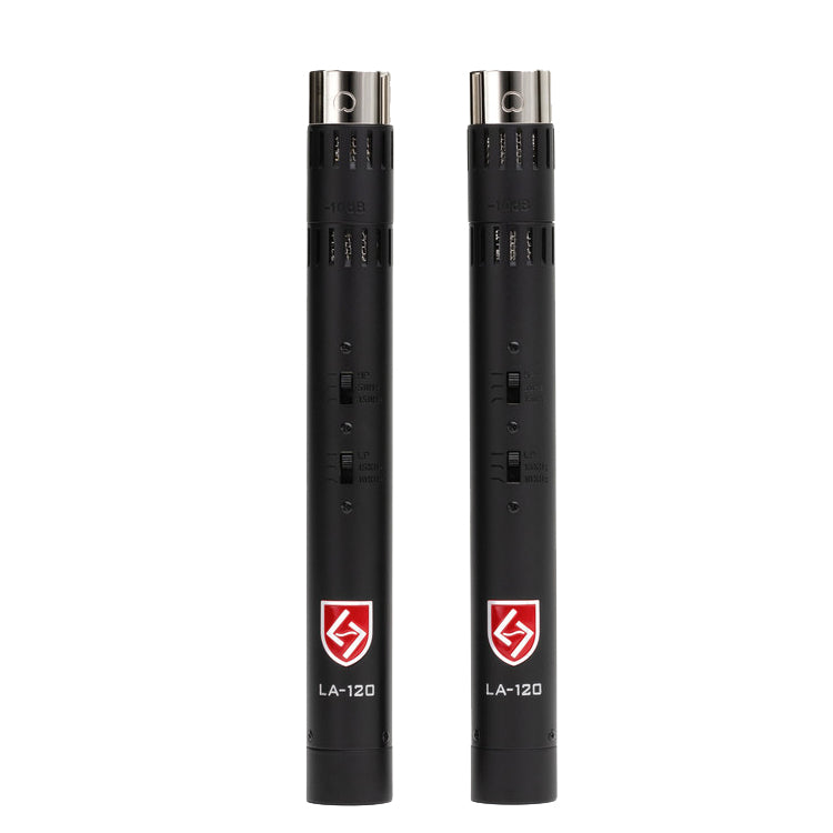 Lauten Audio LA-120 V2 Small-Diaphragm Condenser Microphone Pair with cardioid capsules, two identical pencil-style microphones, each with low and high pass filters, including the optional -10db pads.