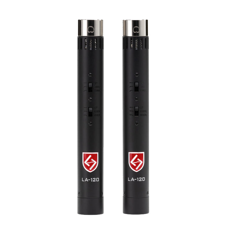 Lauten Audio LA-120 V2 Small-Diaphragm Condenser Microphone Pair with cardioid capsules, showing two identical pencil-style microphones, each with low and high pass filters.