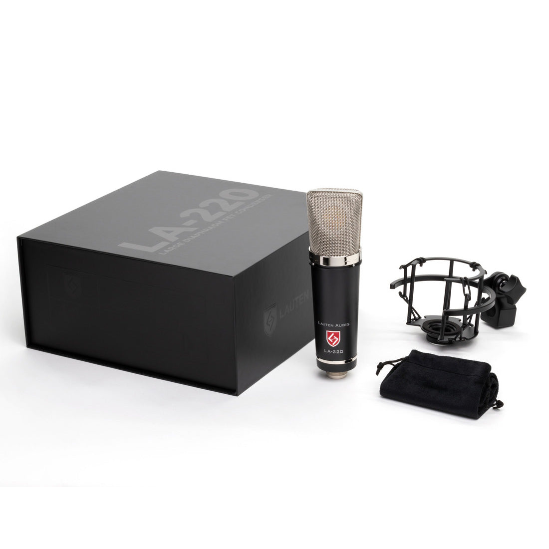 Lauten Audio LA-220 V2 Large-Diaphragm Condenser Microphone contents, showing mic, custom shockmount, mic sleeve, and box.