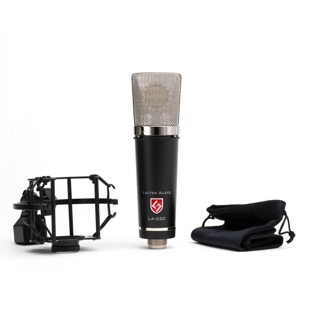 Lauten Audio LA-220 V2 Large-Diaphragm Condenser Microphone contents, showing mic, custom shockmount, and mic sleeve.
