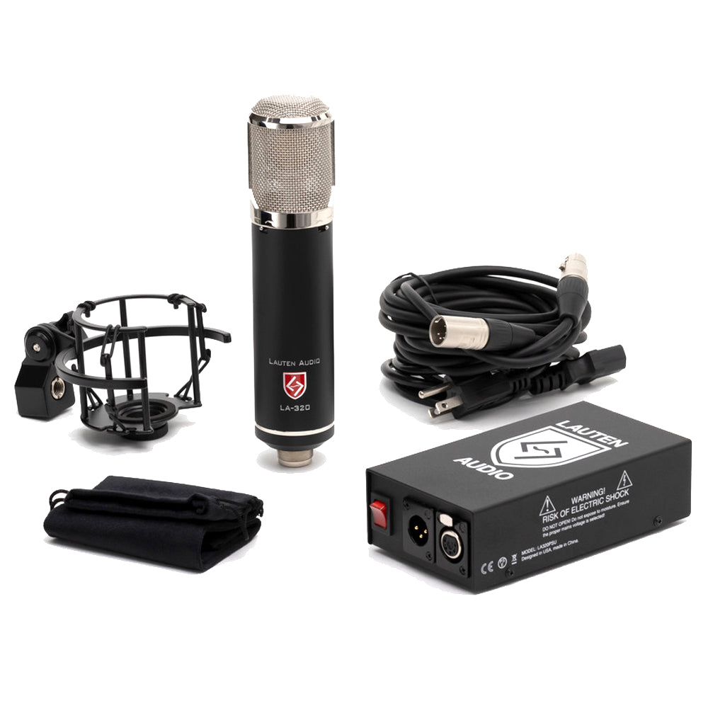 Lauten Audio LA-320 V2 Large-Diaphragm Tube Condenser Microphone contents, including the mic, power supply, custom shockmount, cables, and mic sleeve.