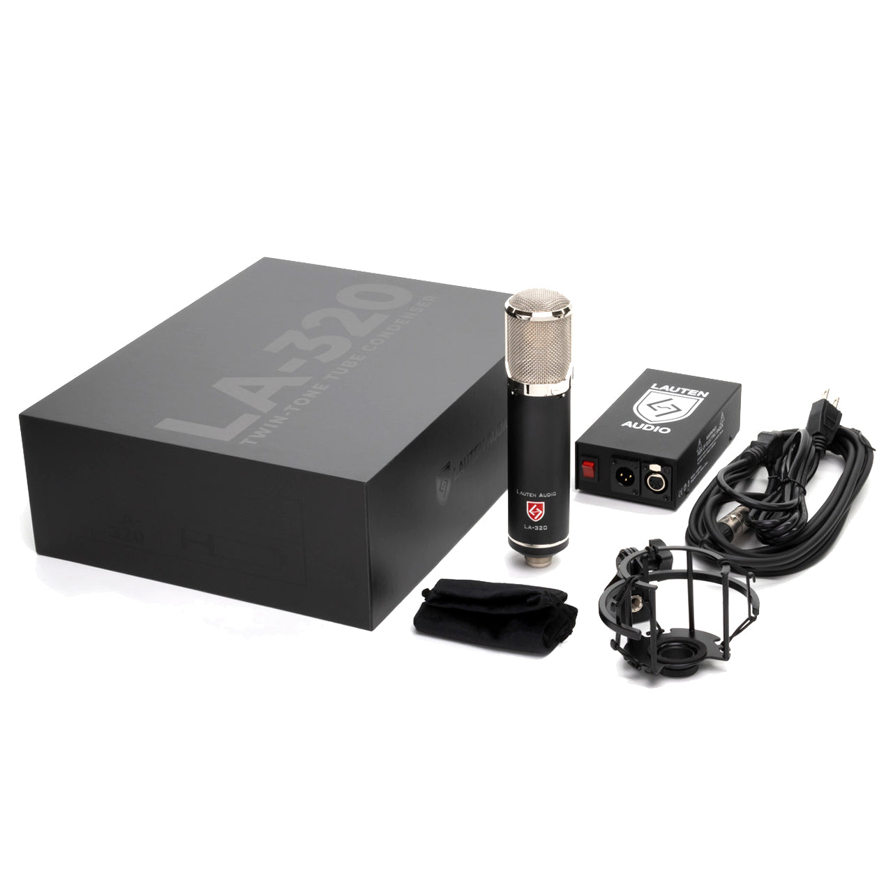Lauten Audio LA-320 V2 Large-Diaphragm Tube Condenser Microphone contents, including the mic, power supply, custom shockmount, cables, mic sleeve and box.