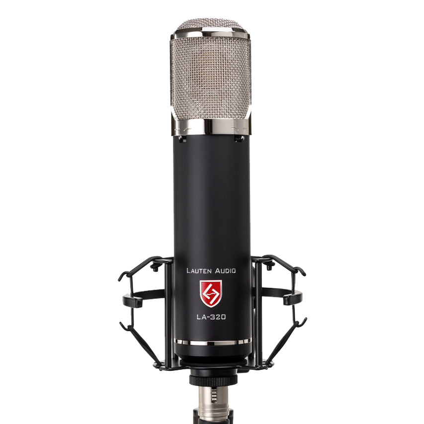 Lauten Audio LA-320 V2 Large-Diaphragm Tube Condenser Microphone front view in its custom shockmount, showing its grille and body, with visible switches for high-pass and low-pass filters.
