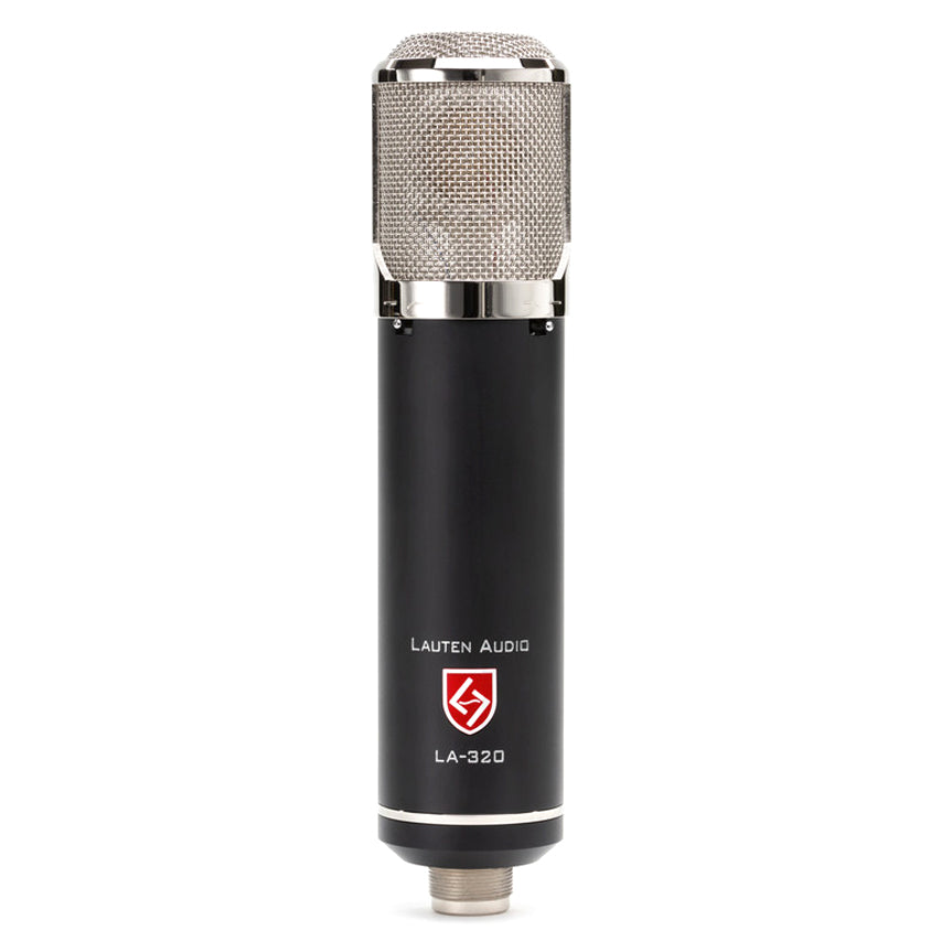 Lauten Audio LA-320 V2 Large-Diaphragm Tube Condenser Microphone front view, showing its grille and body, with visible switches for high-pass and low-pass filters.