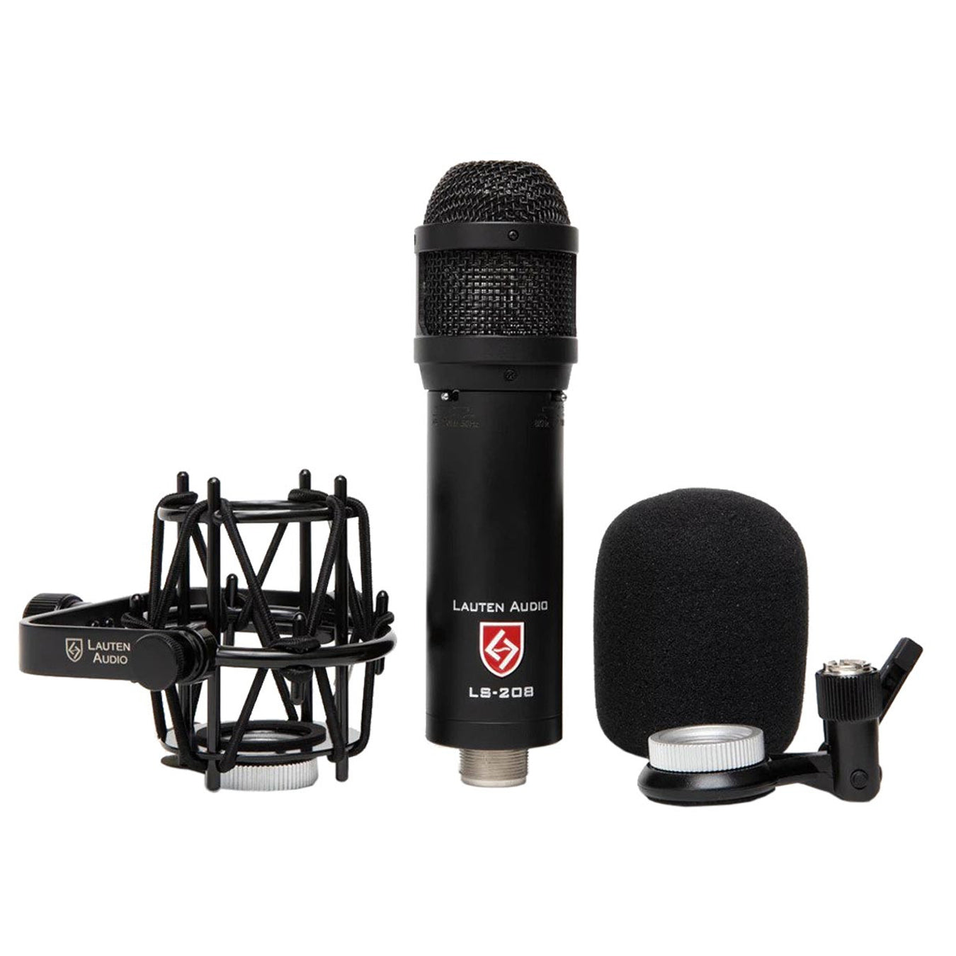 Lauten Audio LS-208 Front-Address Large-Diaphragm Condenser Microphone contents, including mic, custom shockmount, hardmount and windshield.