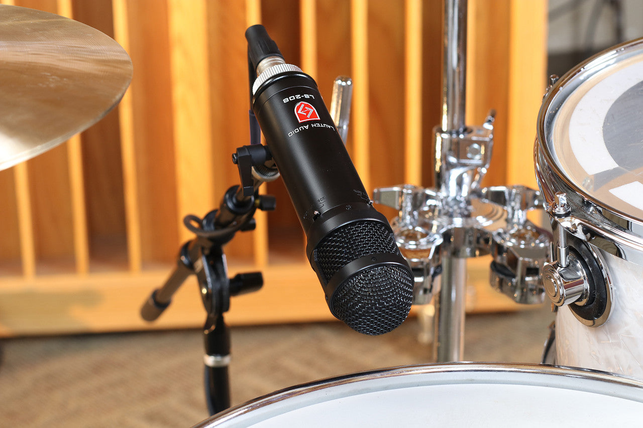 Lauten Audio LS-208 Front-Address Large-Diaphragm Condenser Microphone positioned on a stand over a snare drum, showing its use for drum recording.