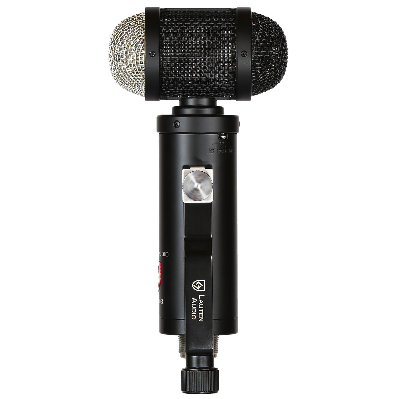Lauten Audio LS-308 Microphone Side-Address Large-Diaphragm Condenser Microphone side view showing its distinctive grille and high pass filter.