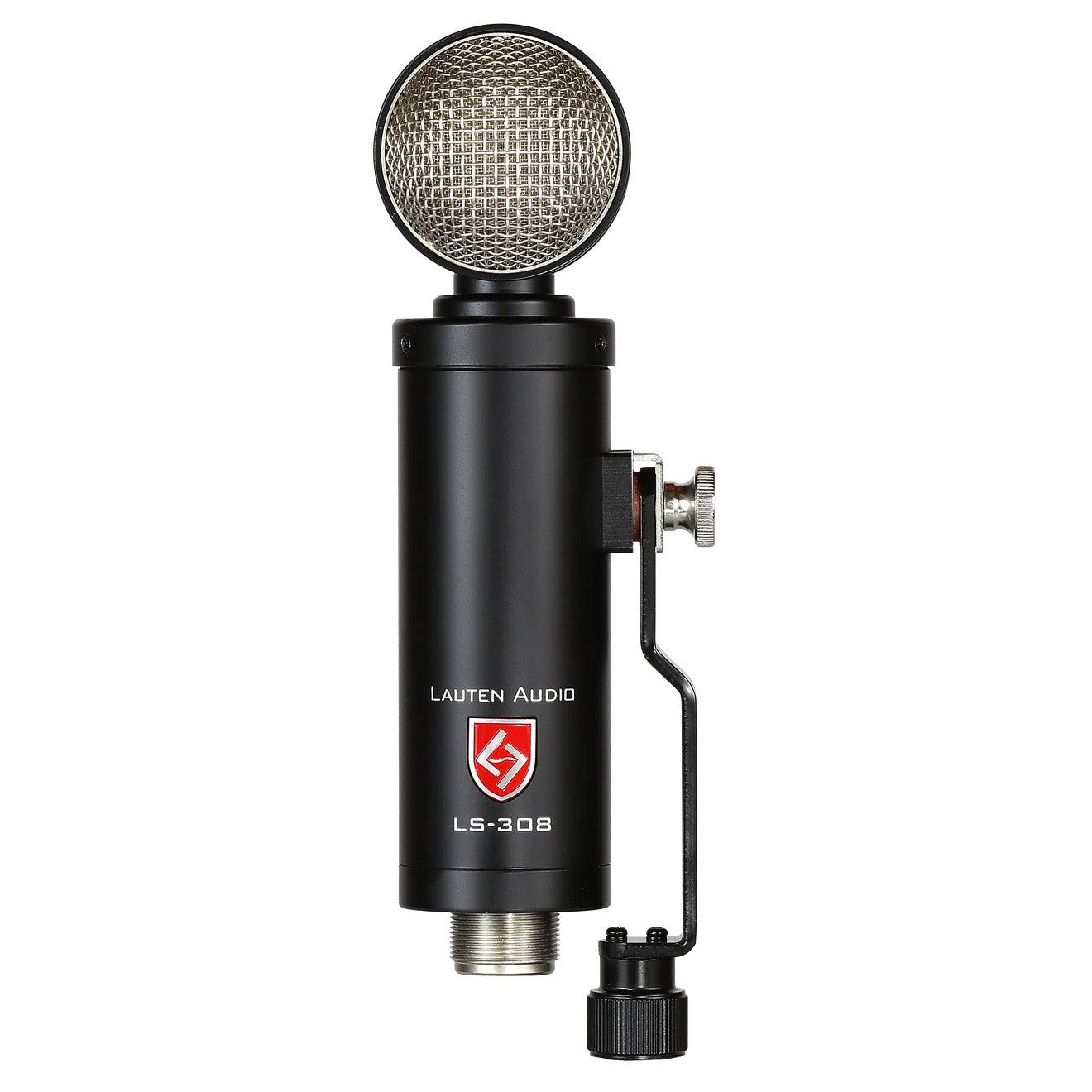 Lauten Audio LS-308 Microphone Side-Address Large-Diaphragm Condenser Microphone front view, showing its grille, body, and mounting system.