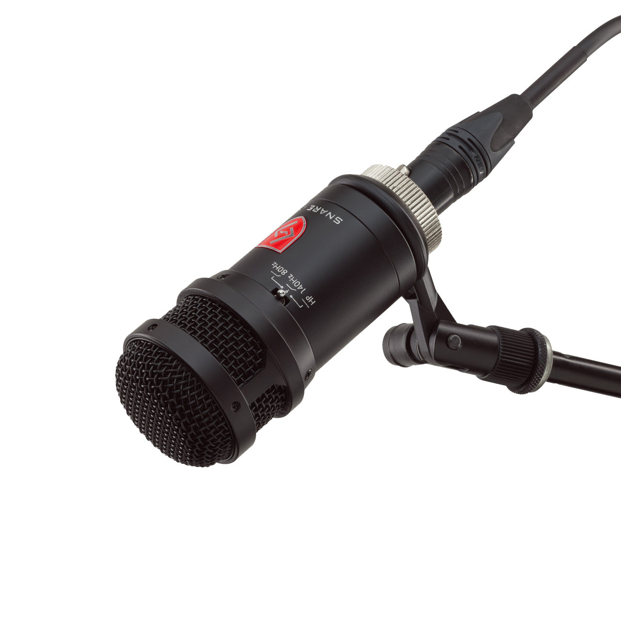 Lauten Audio Snare Mic Large-Diaphragm FET Condenser Microphone hardmounted on a mic stand.