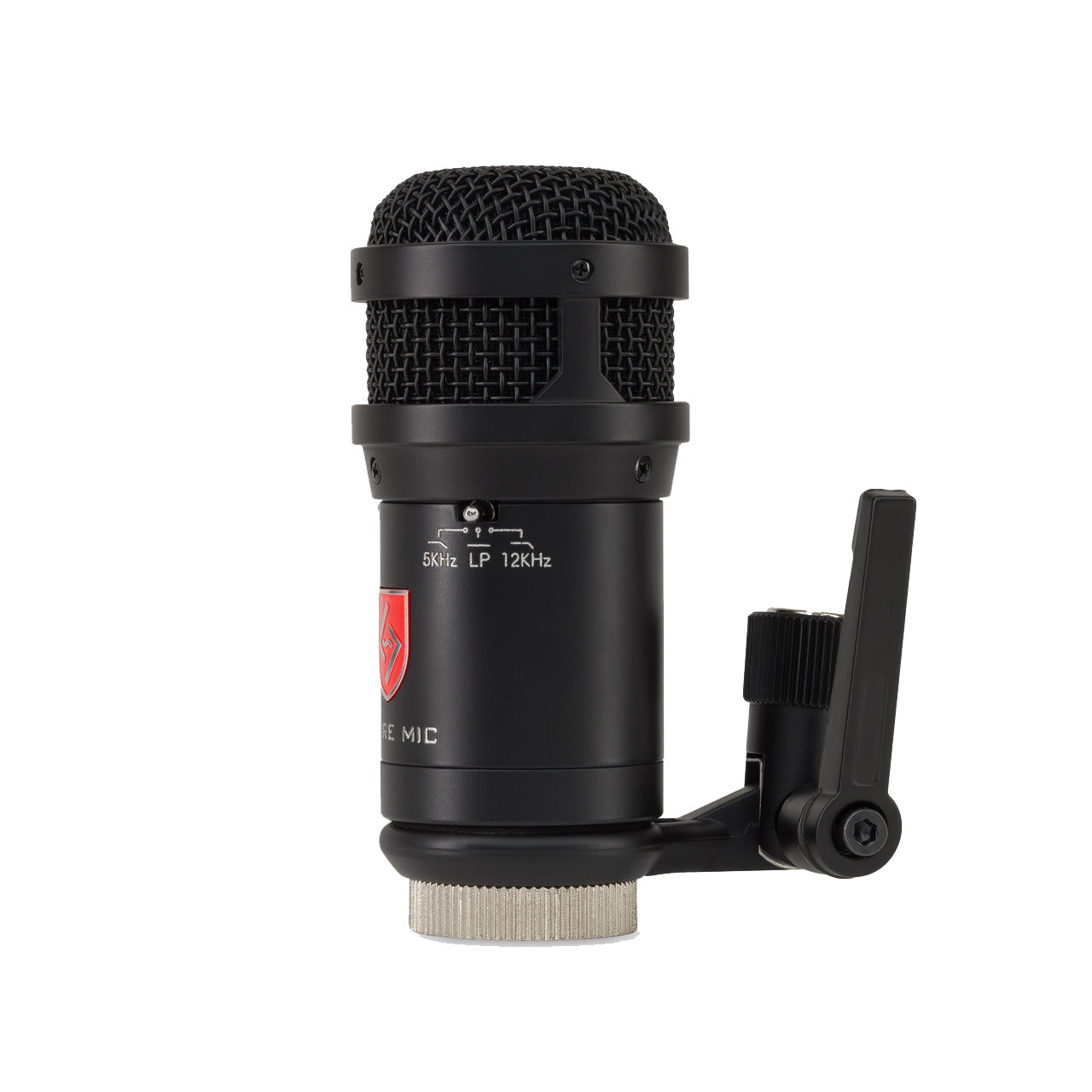 Lauten Audio Snare Mic Large-Diaphragm FET Condenser Microphone side view, showing its compact design suitable for positioning on a snare drum.