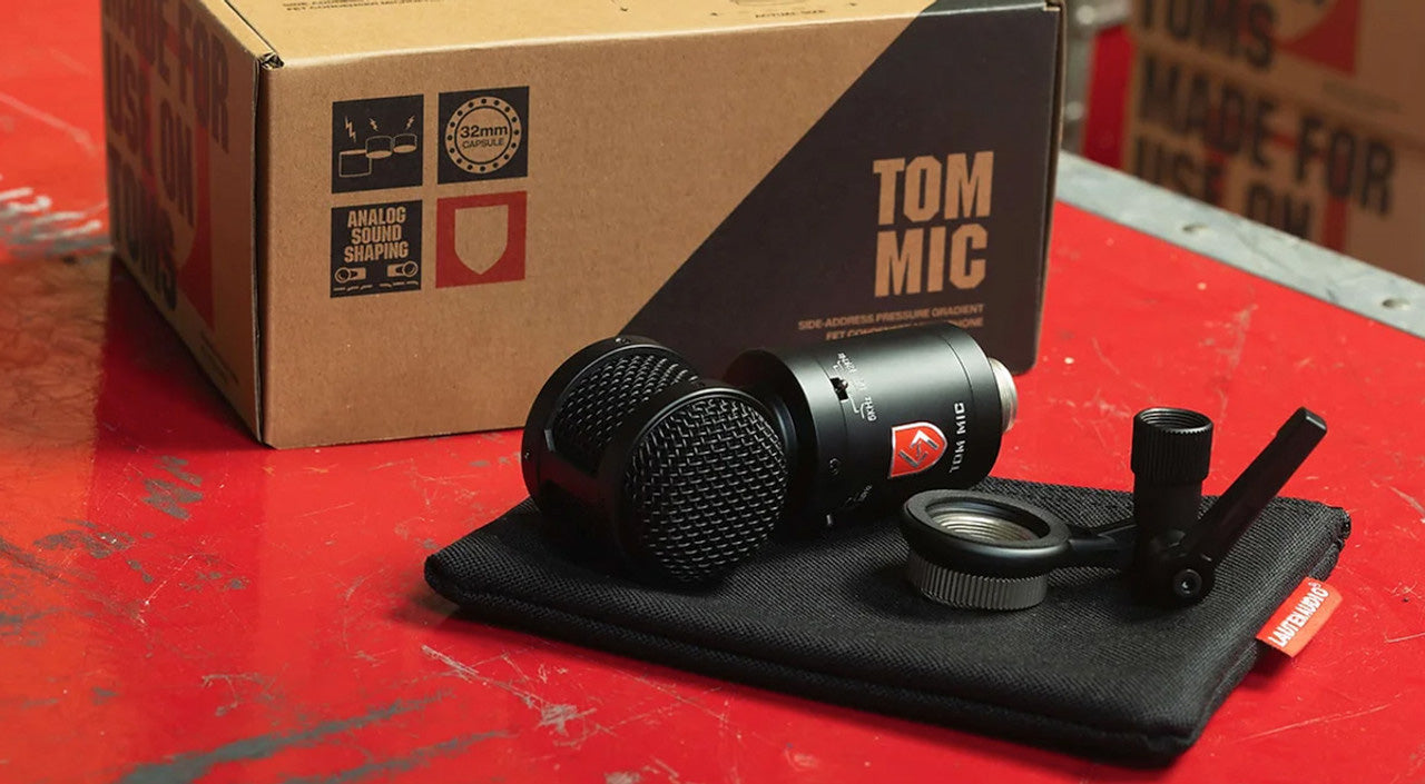 Lauten Audio Tom Mic Side-Address FET Condenser Microphone contents, showing mic, hardmount, mic pouch and box.