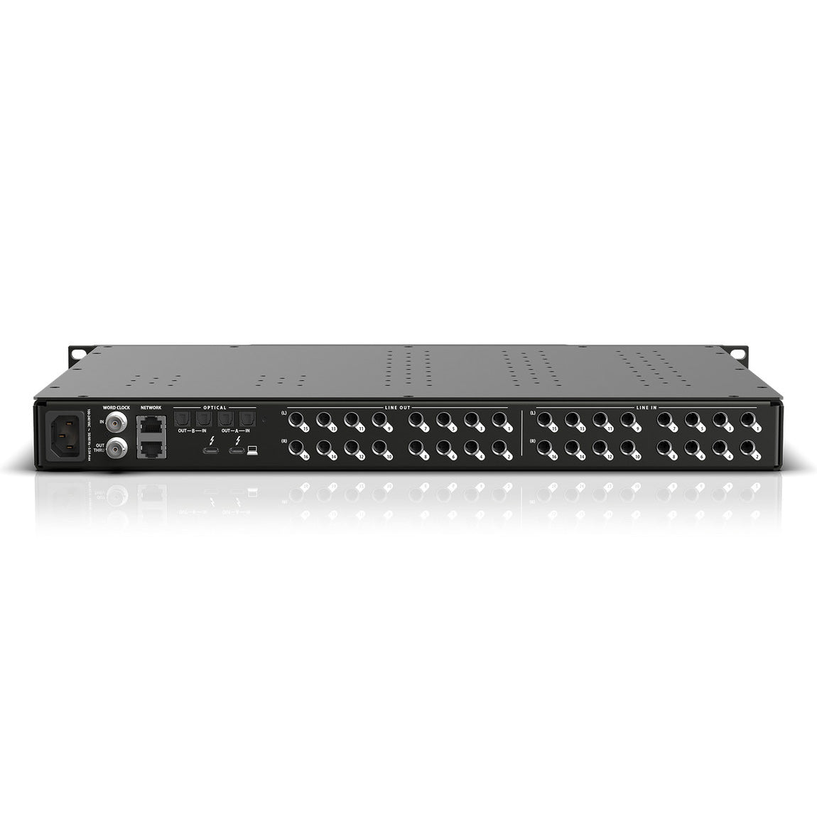 MOTU 16A 32x34 Thunderbolt 4 / USB4 Audio Interface with AVB back view, displaying 16 TRS analog inputs, 16 TRS analog outputs, Thunderbolt/USB4 port, AVB Ethernet port, Word Clock I/O, optical connections and power input.