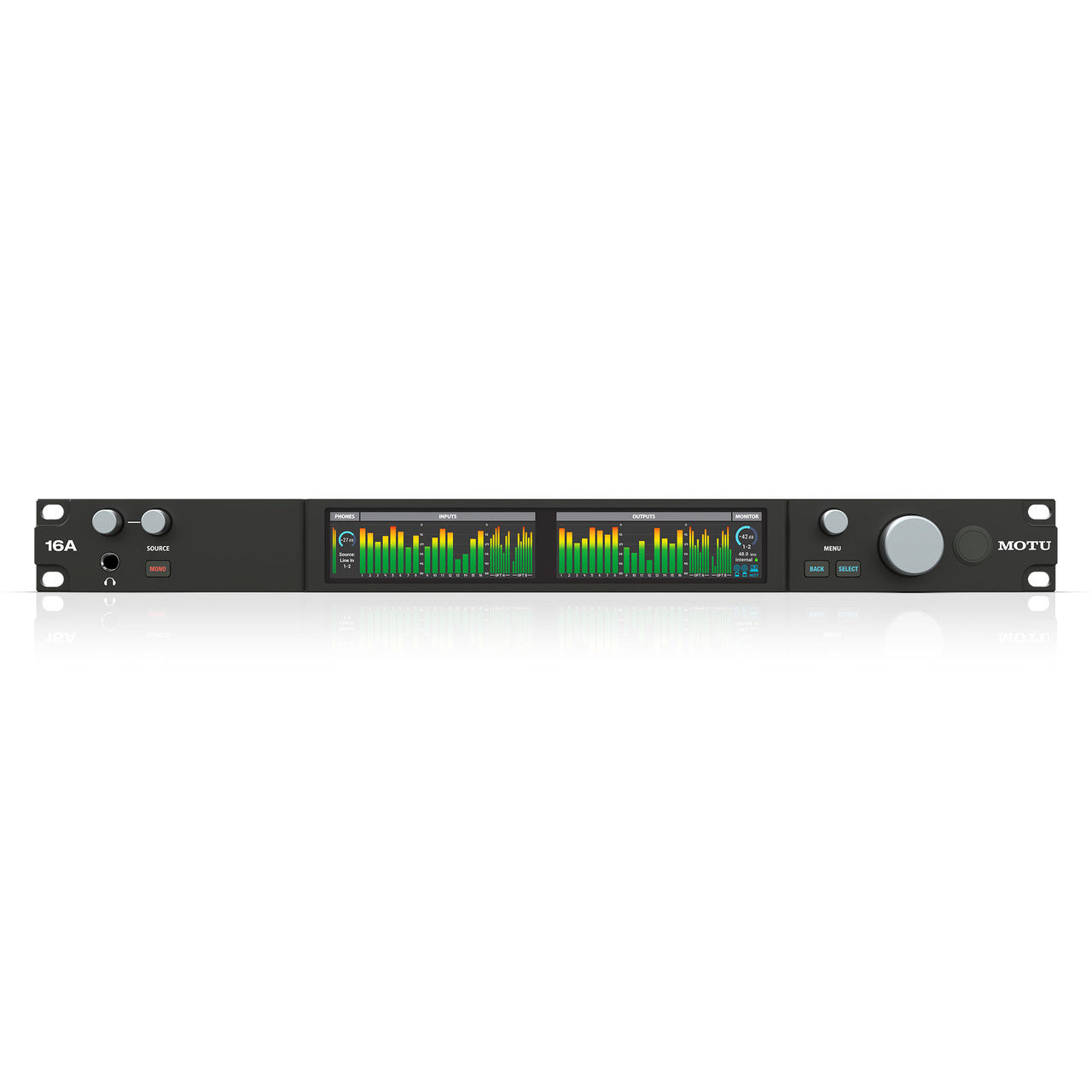 MOTU 16A 32x34 Thunderbolt 4 / USB4 Audio Interface with AVB, showing its 1U rackmount front panel with input and output metering on a large display screen.