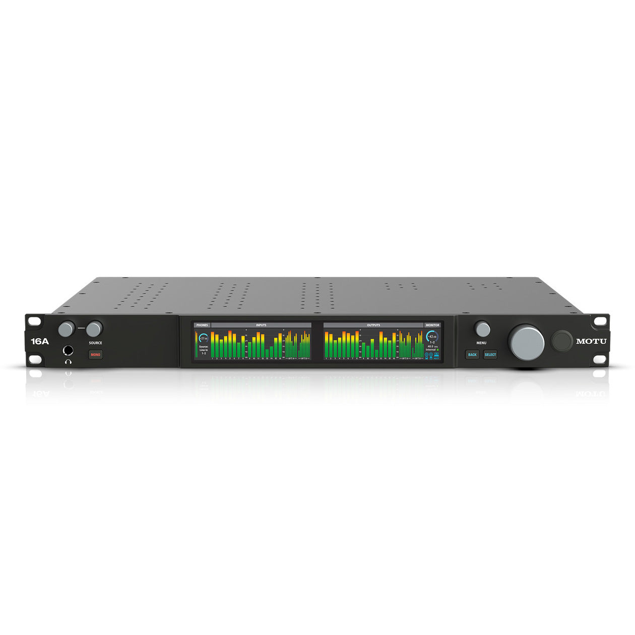 MOTU 16A 32x34 Thunderbolt 4 / USB4 Audio Interface with AVB, showing its 1U rackmount front panel with input and output metering on a large display screen.