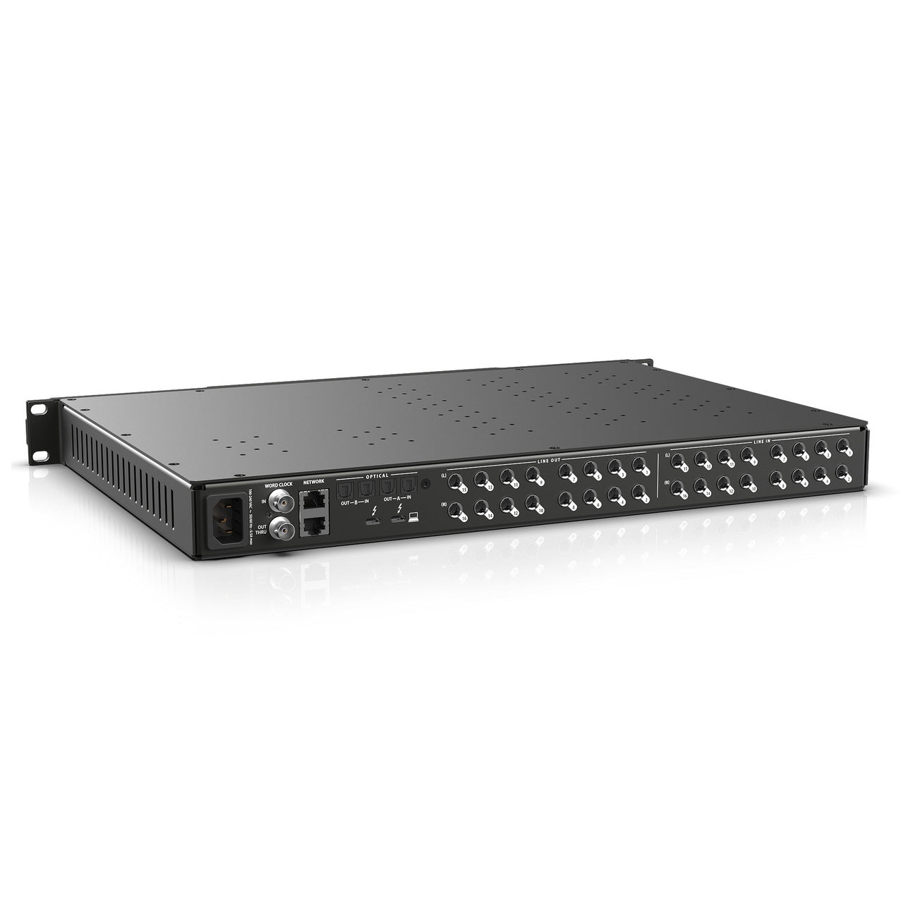 MOTU 16A 32x34 Thunderbolt 4 / USB4 Audio Interface with AVB back view, displaying 16 TRS analog inputs, 16 TRS analog outputs, Thunderbolt/USB4 port, AVB Ethernet port, Word Clock I/O, optical connections and power input.