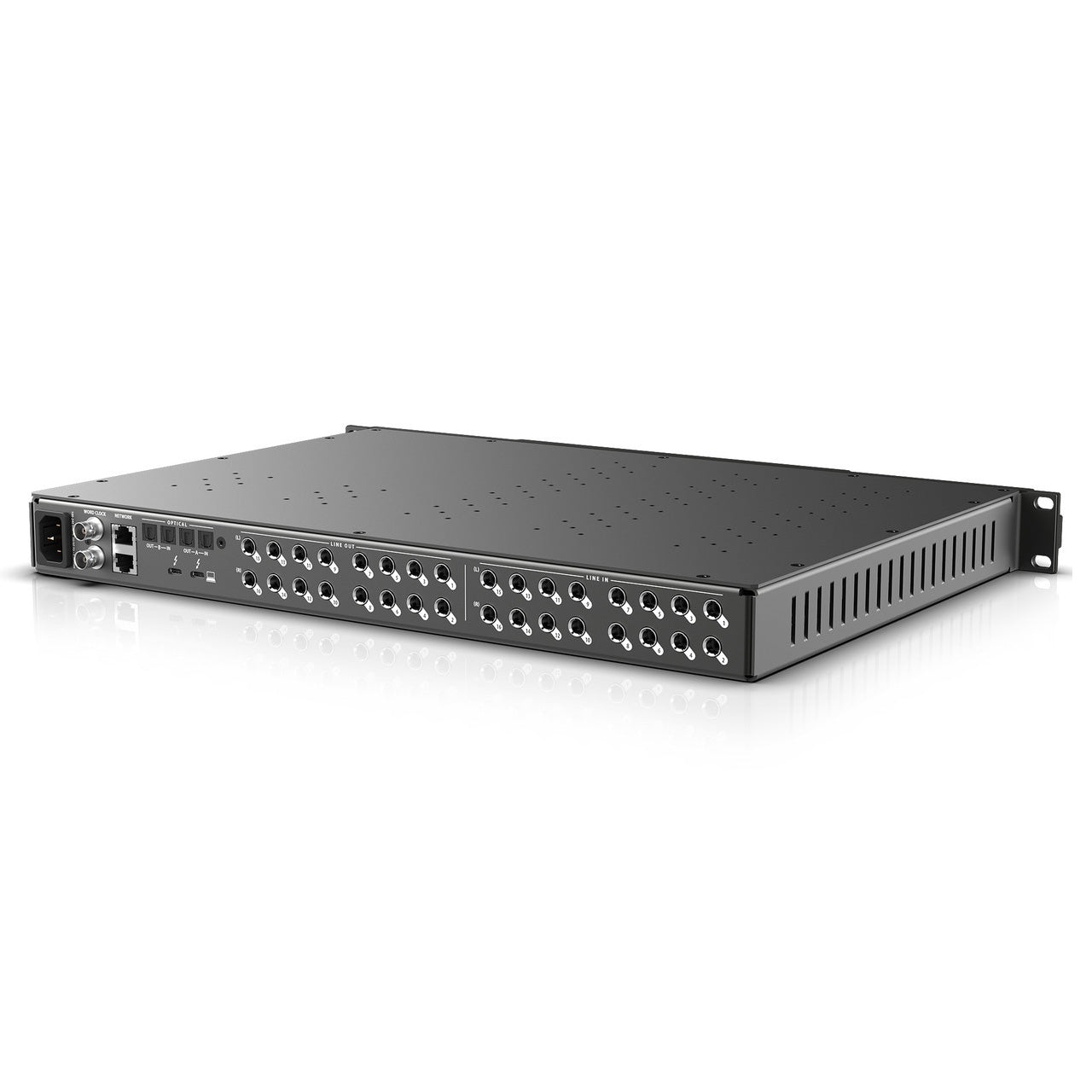 MOTU 16A 32x34 Thunderbolt 4 / USB4 Audio Interface with AVB back view, displaying 16 TRS analog inputs, 16 TRS analog outputs, Thunderbolt/USB4 port, AVB Ethernet port, Word Clock I/O, optical connections and power input.