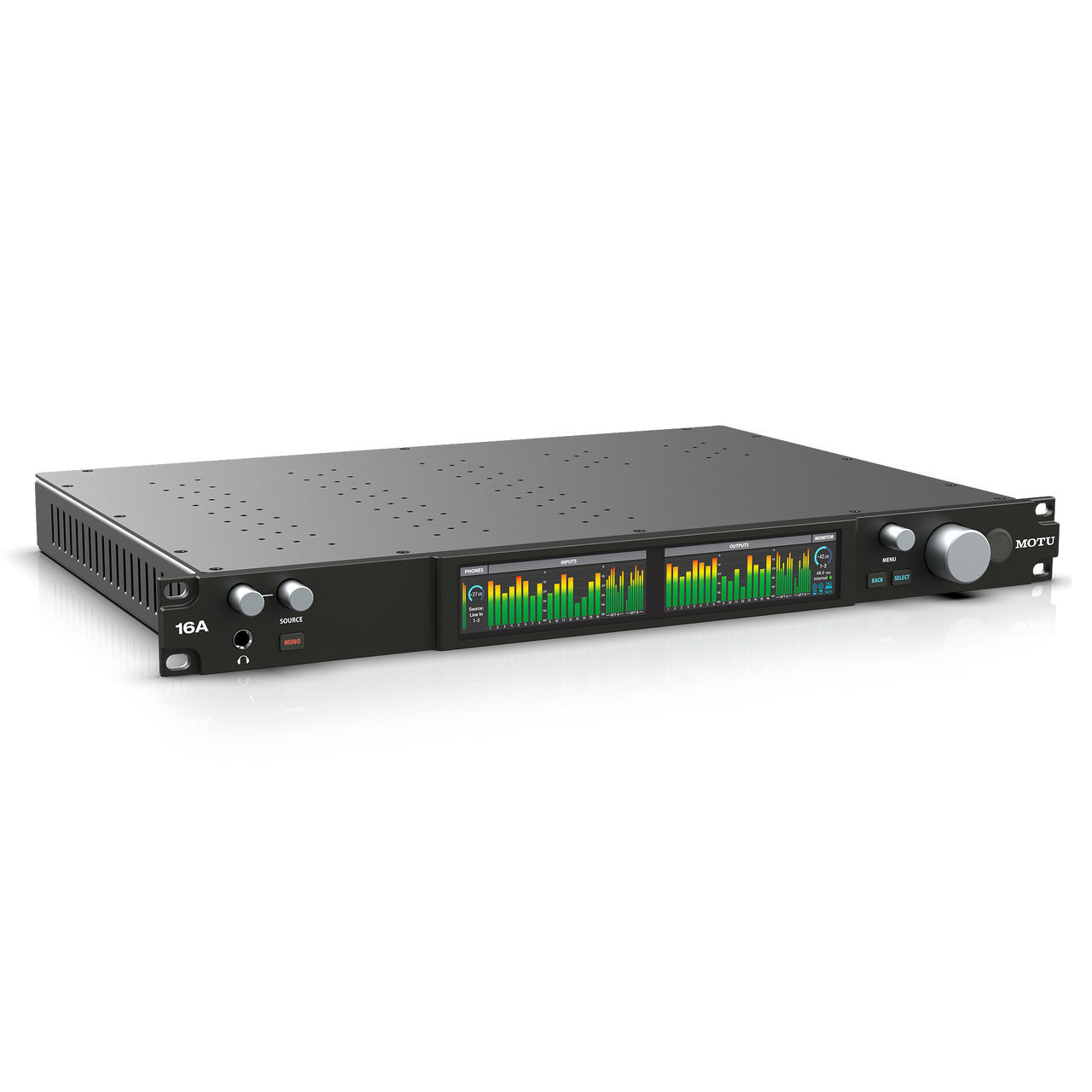 MOTU 16A 32x34 Thunderbolt 4 / USB4 Audio Interface with AVB, showing its 1U rackmount front panel with input and output metering on a large display screen.