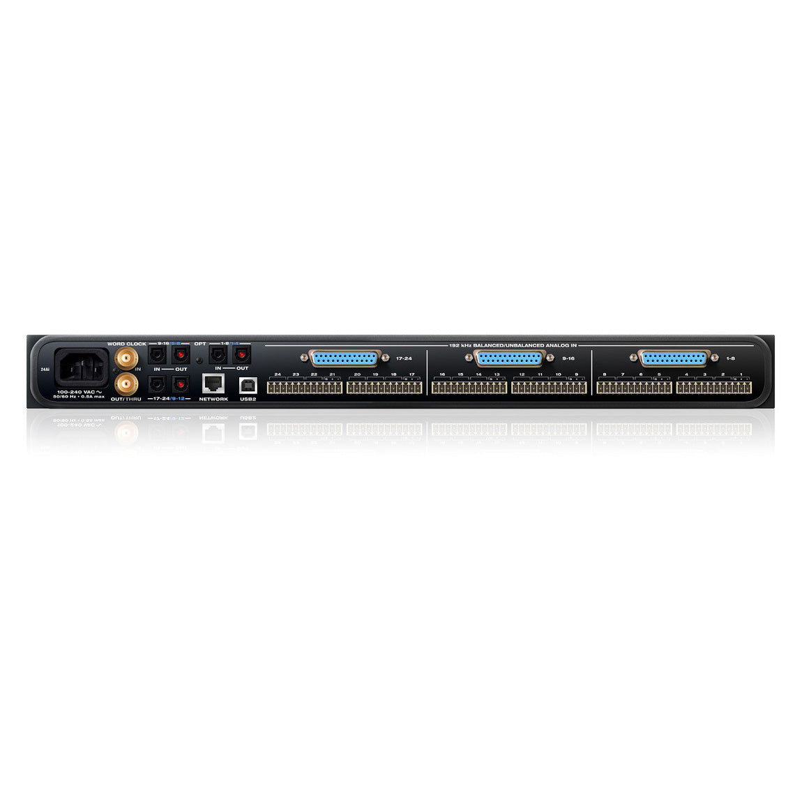 MOTU 24Ai USB2 AVB Ethernet Audio Interface back view, displaying 24 analog inputs, ADAT optical outputs, USB 2.0 port, AVB Ethernet port, Word Clock I/O, and power input.