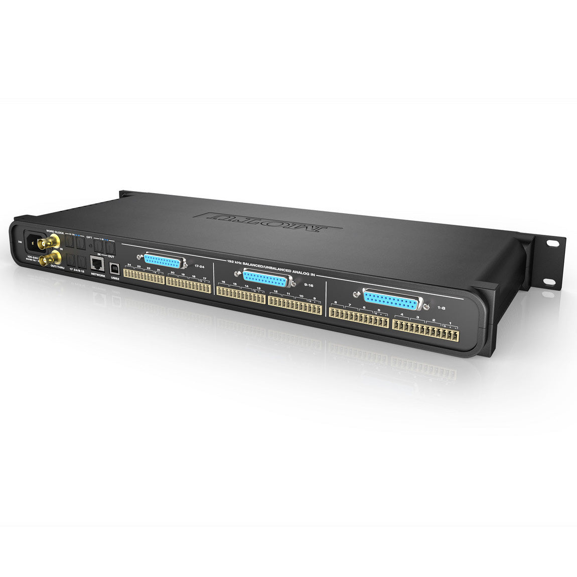 MOTU 24Ai USB2 AVB Ethernet Audio Interface angled back view, displaying 24 analog inputs, ADAT optical outputs, USB 2.0 port, AVB Ethernet port, Word Clock I/O, and power input.