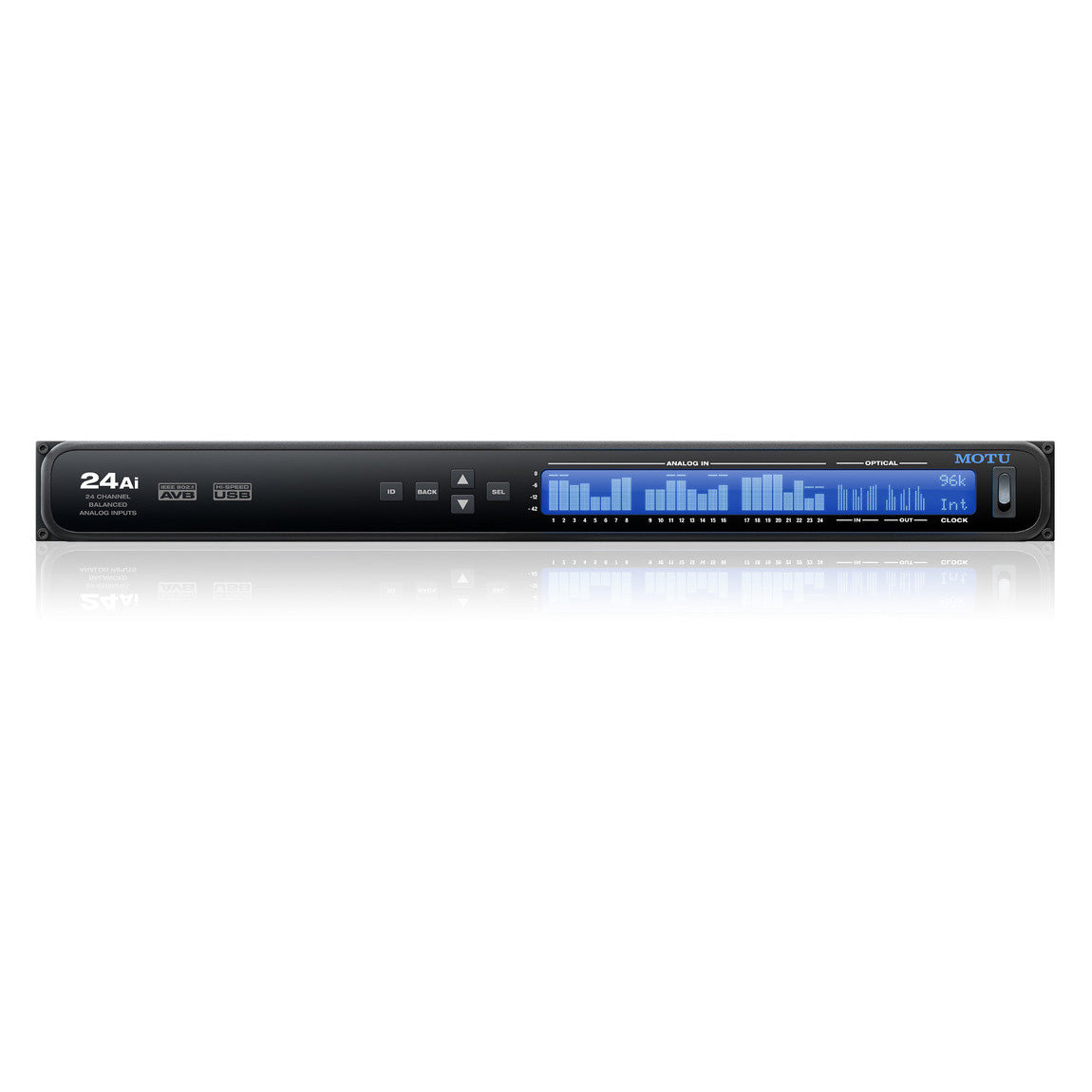 MOTU 24Ai USB2 AVB Ethernet Audio Interface front view, showing its 1U rackmount chassis with a clear metering display for 24 analog inputs.
