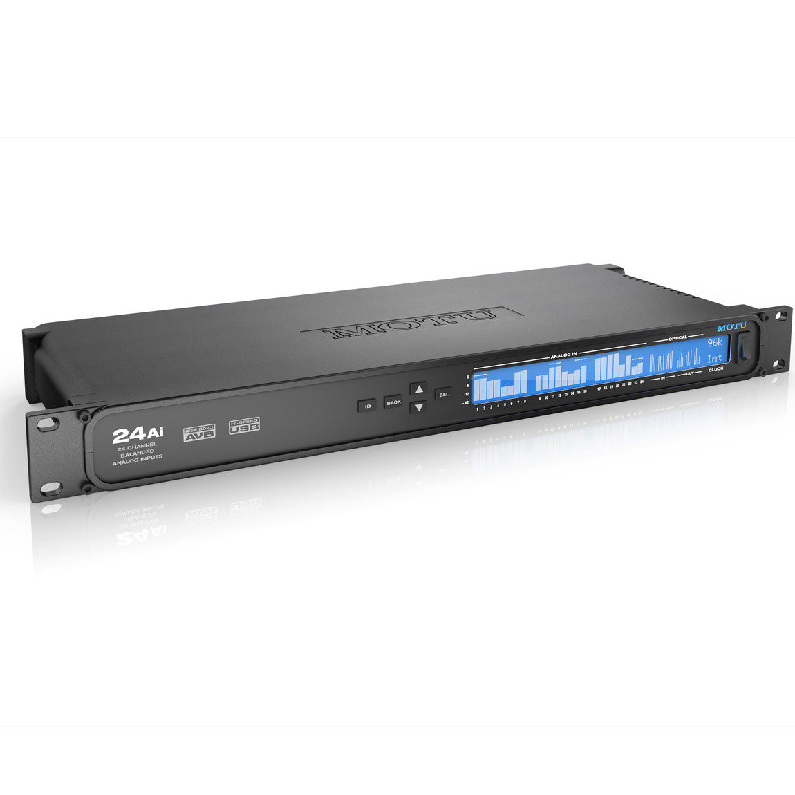 MOTU 24Ai USB2 AVB Ethernet Audio Interface angled front view, showing its 1U rackmount chassis with a clear metering display for 24 analog inputs.