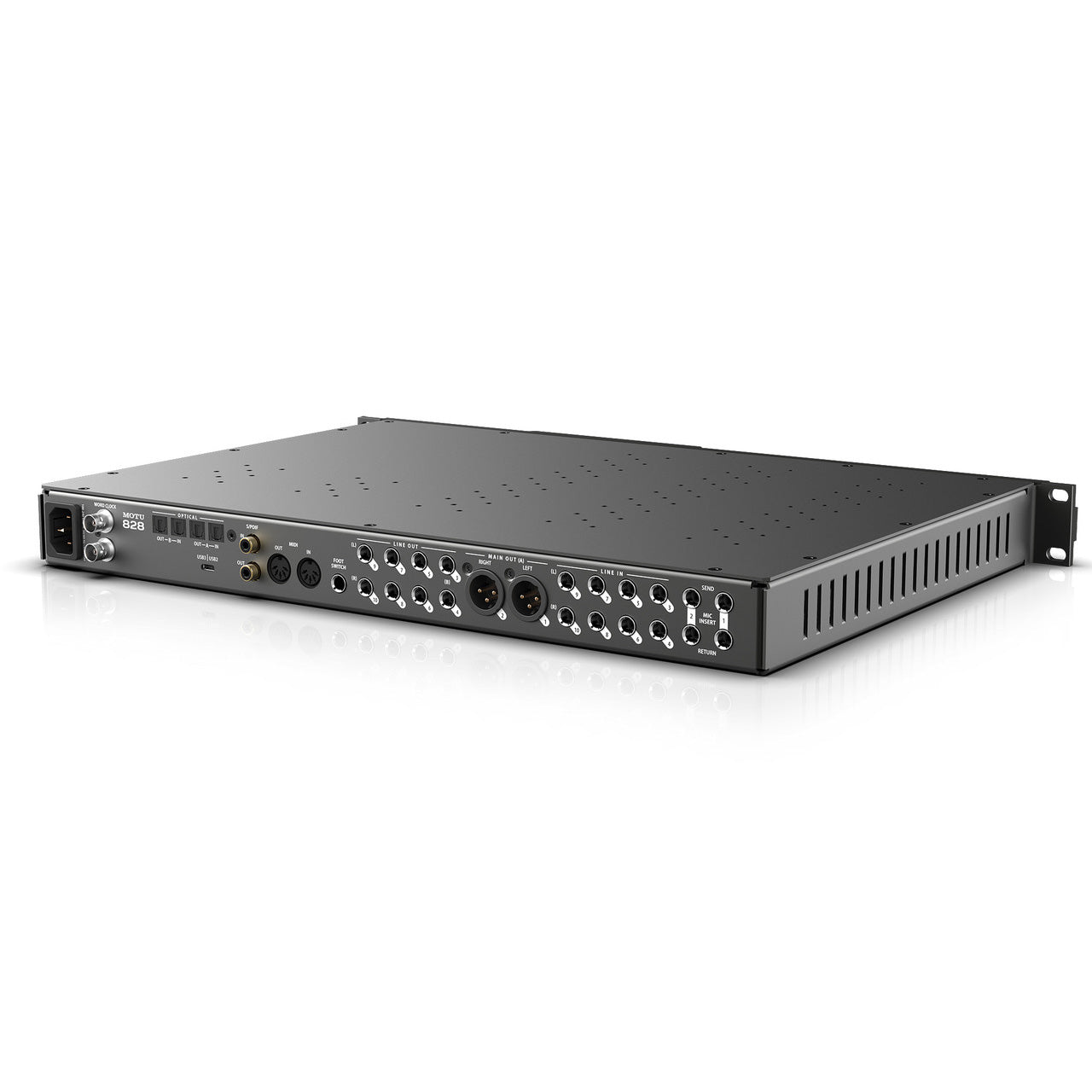 MOTU 828 28x32 USB 3.0 Audio Interface back view, displaying a wide range of connections including multiple analog TRS inputs and outputs, ADAT optical I/O, S/PDIF coaxial I/O, MIDI I/O, USB 3.0 port, Word Clock I/O, and power input.