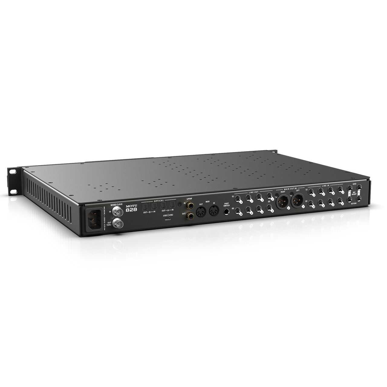 MOTU 828 28x32 USB 3.0 Audio Interface back view, displaying a wide range of connections including multiple analog TRS inputs and outputs, ADAT optical I/O, S/PDIF coaxial I/O, MIDI I/O, USB 3.0 port, Word Clock I/O, and power input.
