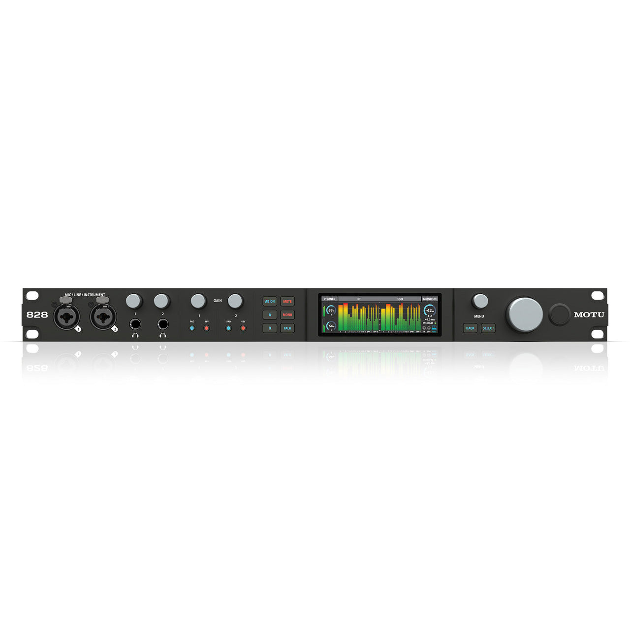 MOTU 828 28x32 USB 3.0 Audio Interface, front view, showing its 1U rackmount front panel with two combo XLR/TRS inputs, individual gain controls, two headphone outputs, talkback button, monitoring controls, and front-panel metering display.