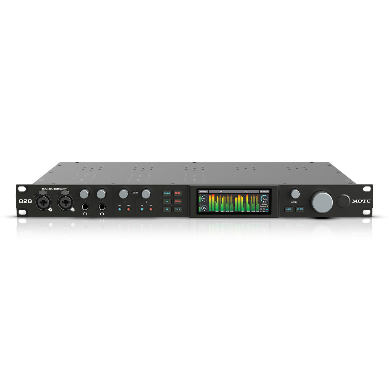 MOTU 828 28x32 USB 3.0 Audio Interface, front view, showing its 1U rackmount front panel with two combo XLR/TRS inputs, individual gain controls, two headphone outputs, talkback button, monitoring controls, and front-panel metering display.