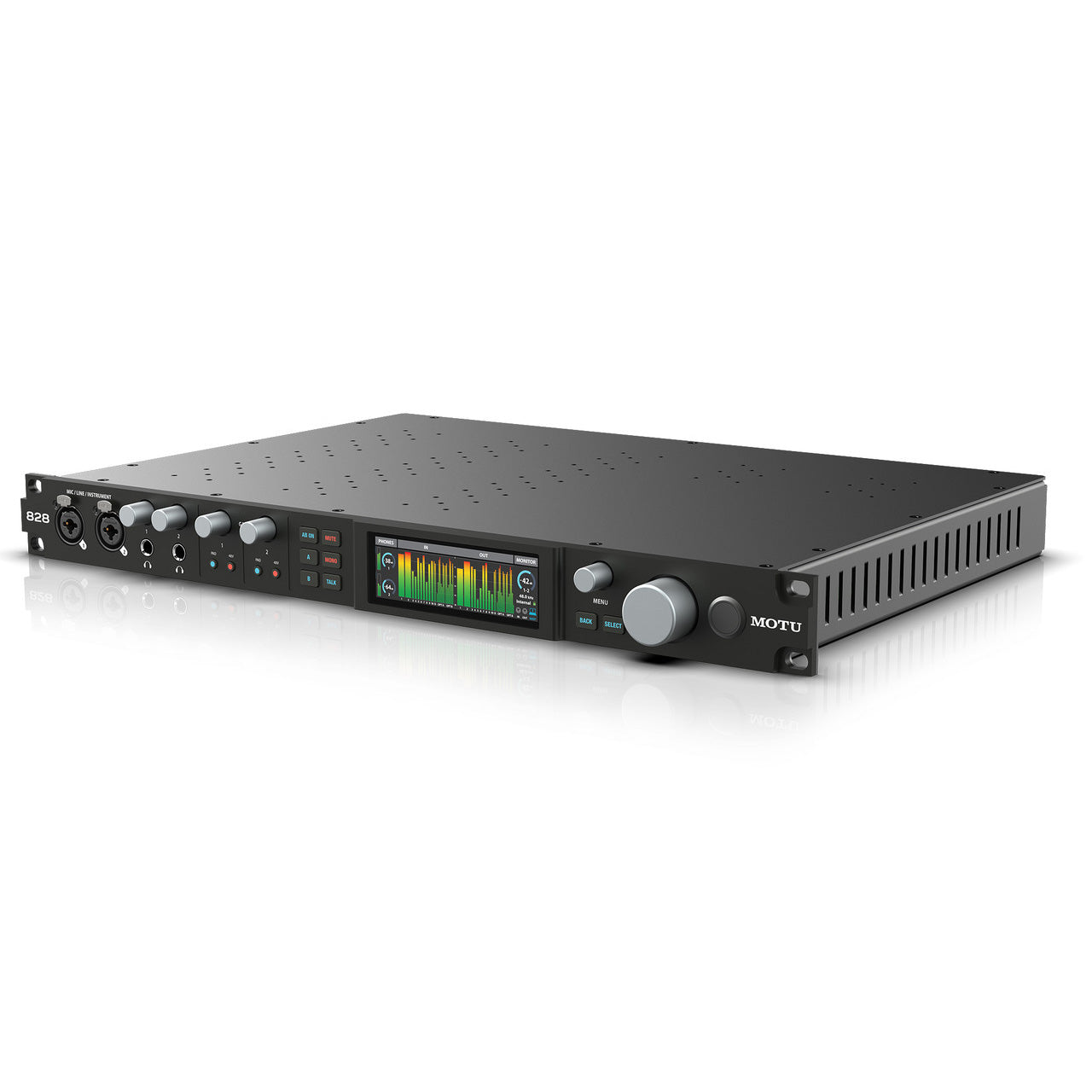MOTU 828 28x32 USB 3.0 Audio Interface, showing its 1U rackmount front panel with two combo XLR/TRS inputs, individual gain controls, two headphone outputs, talkback button, monitoring controls, and front-panel metering display.
