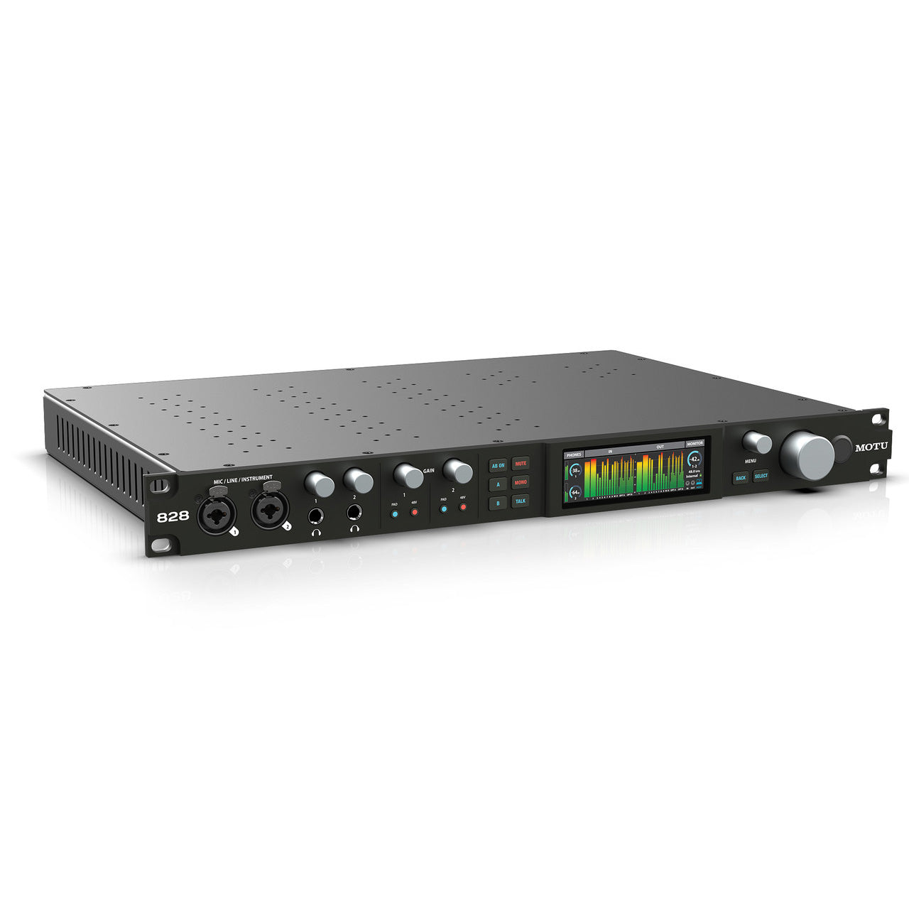 MOTU 828 28x32 USB 3.0 Audio Interface, showing its 1U rackmount front panel with two combo XLR/TRS inputs, individual gain controls, two headphone outputs, talkback button, monitoring controls, and front-panel metering display.