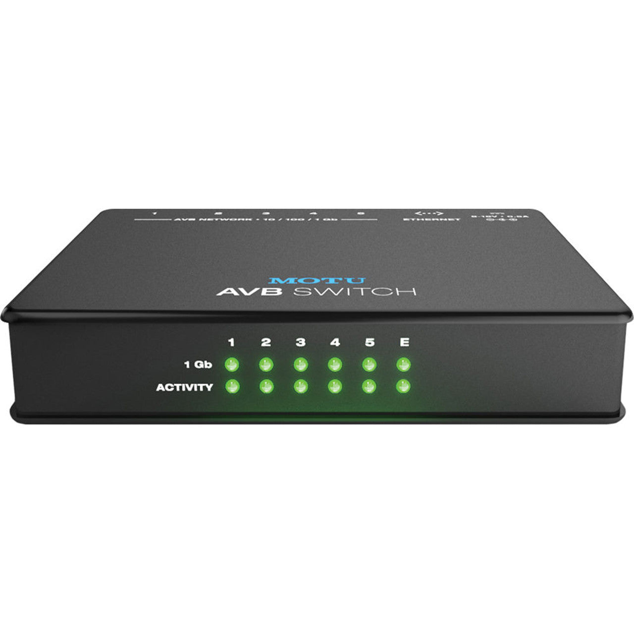 MOTU AVB Switch front view, displaying its Ethernet ports for AVB networking and the power input.