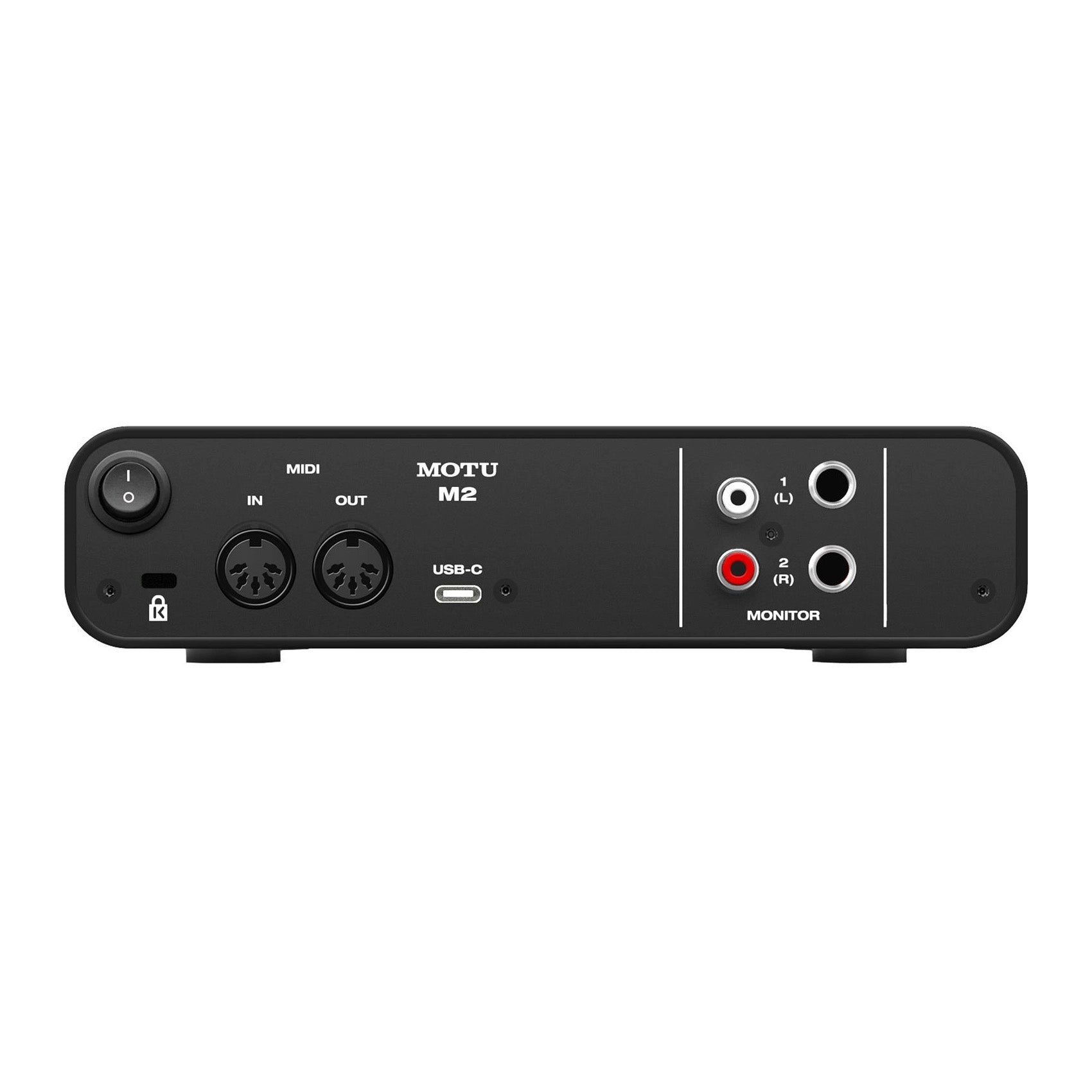 MOTU M2 2x2 USB-C Audio Interface back view, showing its two main monitor outputs, RCA outputs, MIDI in/out ports, USB-C port, and power switch.