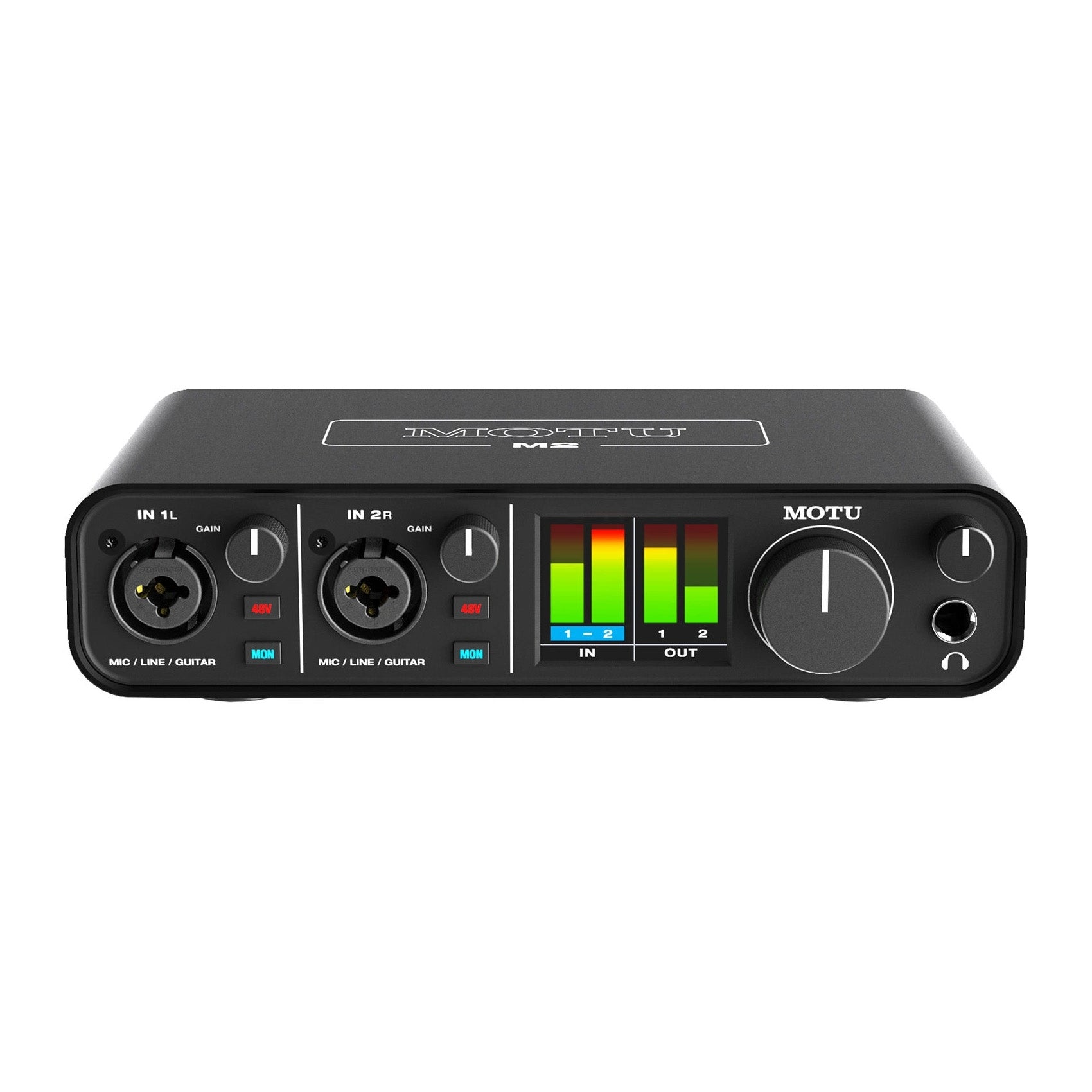 MOTU M2 2x2 USB-C Audio Interface top front view, displaying two combo XLR/TRS inputs with gain knobs, a main output level knob, phantom power buttons, individual monitoring buttons, and a clear LCD metering display.
