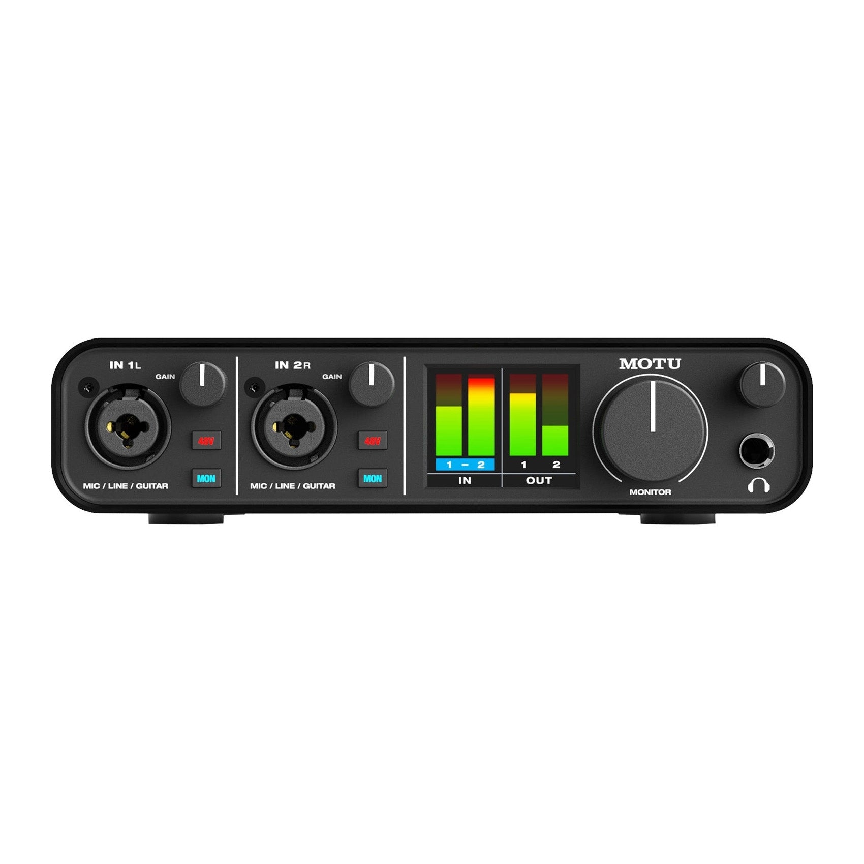 MOTU M2 2x2 USB-C Audio Interface front view, displaying two combo XLR/TRS inputs with gain knobs, a main output level knob, phantom power buttons, individual monitoring buttons, and a clear LCD metering display.