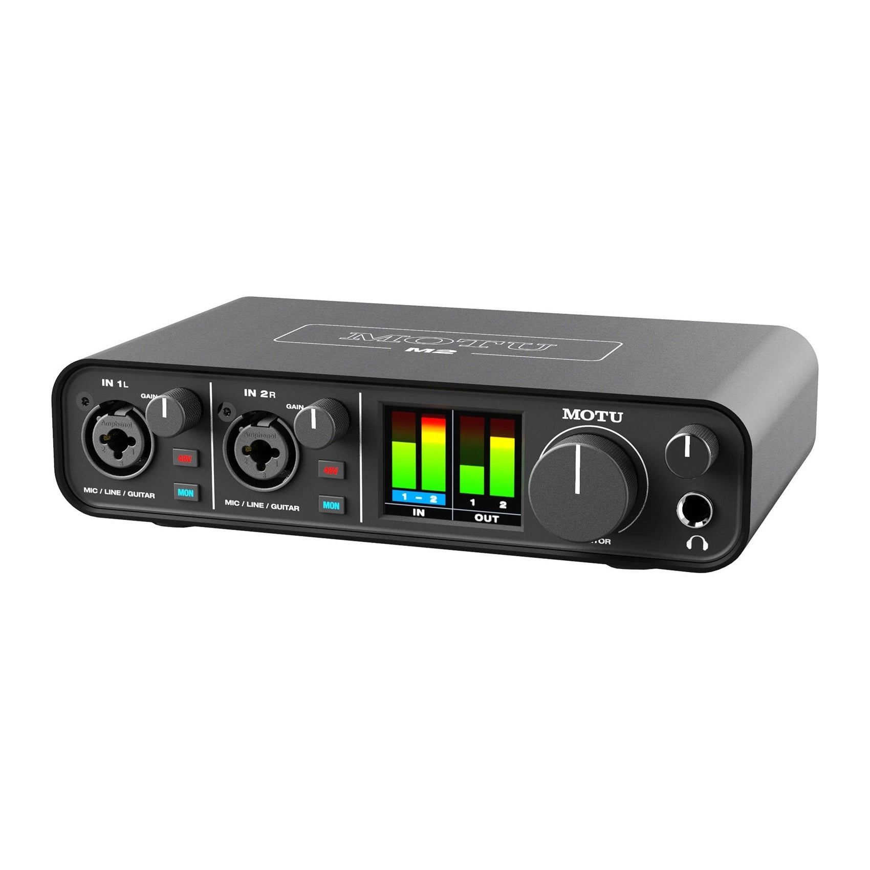 MOTU M2 2x2 USB-C Audio Interface front angled view, displaying two combo XLR/TRS inputs with gain knobs, a main output level knob, headphone out, phantom power buttons, individual monitoring buttons, and a clear LCD metering display.
