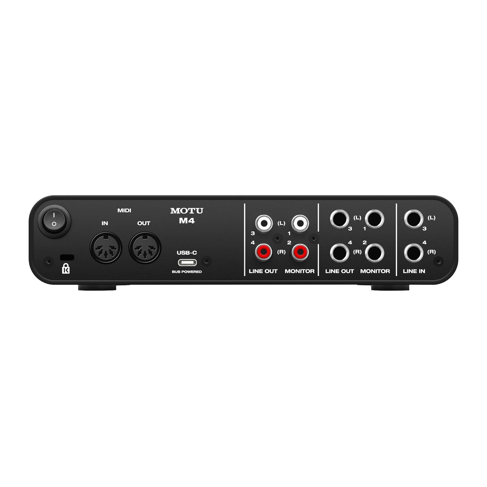MOTU M4 4x4 USB-C Audio Interface back view, displaying its four RCA outputs, four line outputs, two line inputs, MIDI in/out ports, USB-C port, and power switch.