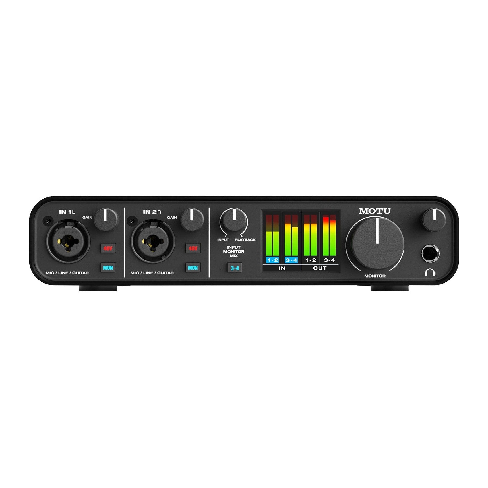 MOTU M4 4x4 USB-C Audio Interface, showing its front panel with two combo XLR/TRS inputs, headphone out, individual gain controls, phantom power buttons, input monitor mix controls, and a clear LCD metering display.