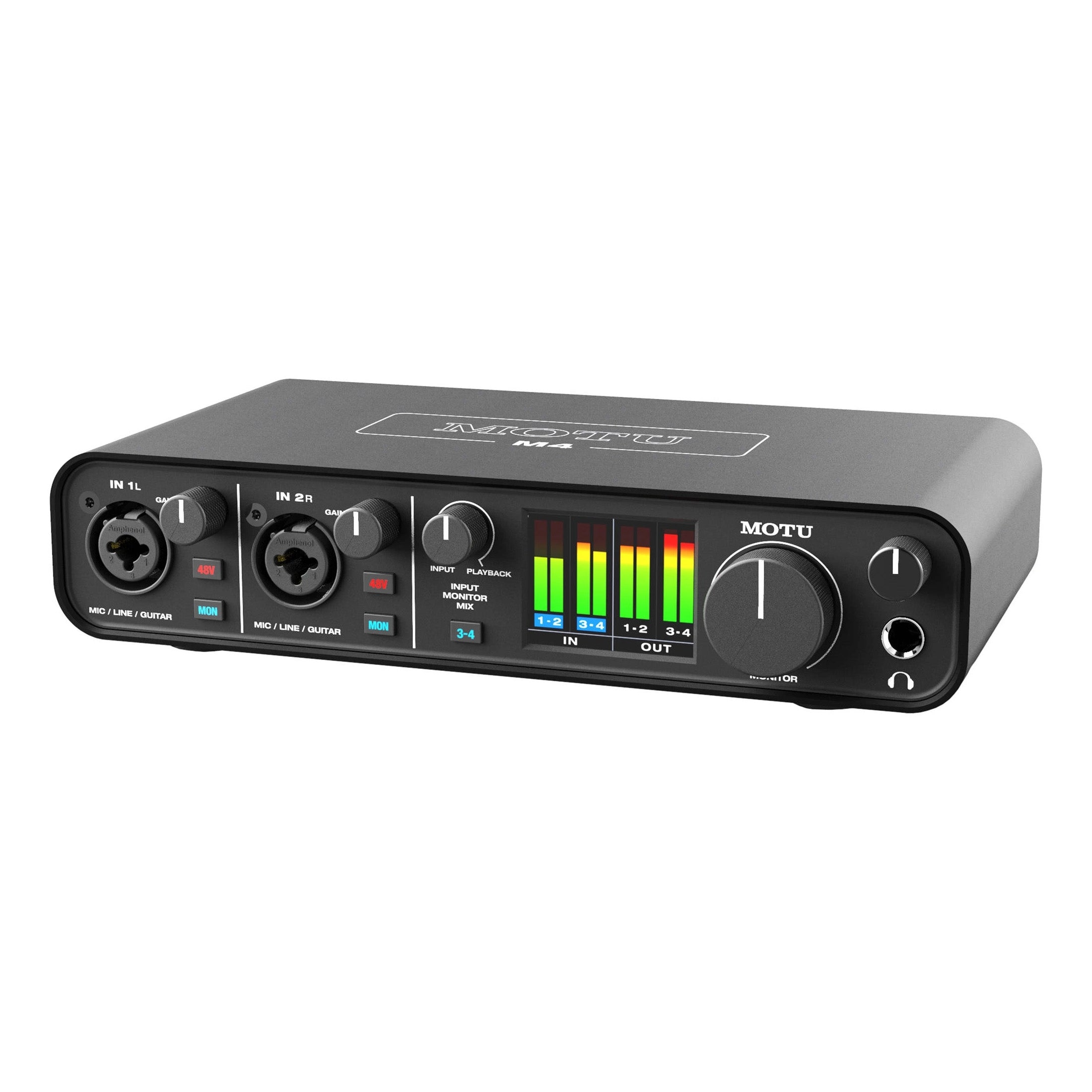 MOTU M4 4x4 USB-C Audio Interface, showing its front panel with two combo XLR/TRS inputs, headphone out, individual gain controls, phantom power buttons, input monitor mix controls, and a clear LCD metering display.