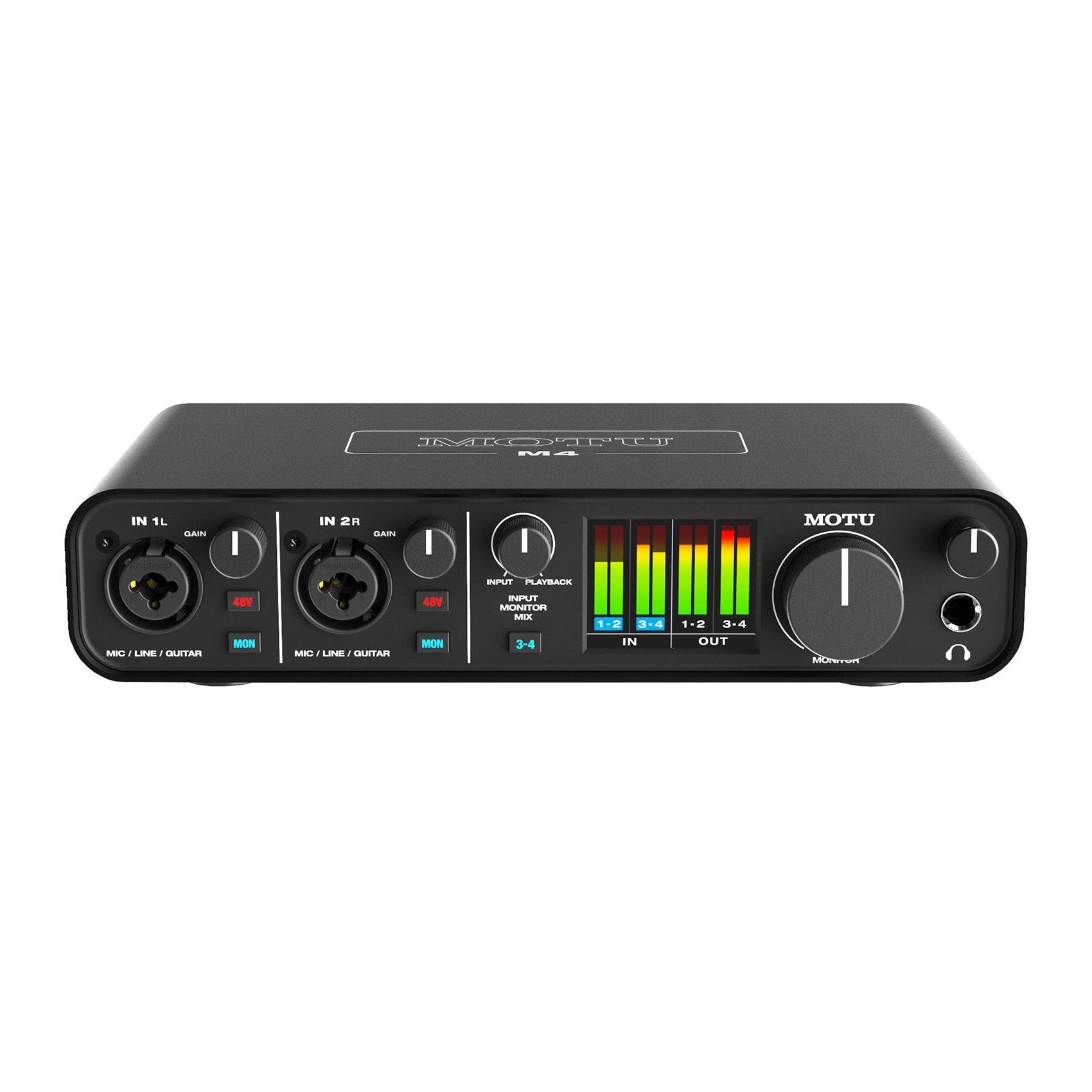 MOTU M4 4x4 USB-C Audio Interface, showing its front panel with two combo XLR/TRS inputs, headphone out, individual gain controls, phantom power buttons, input monitor mix controls, and a clear LCD metering display.