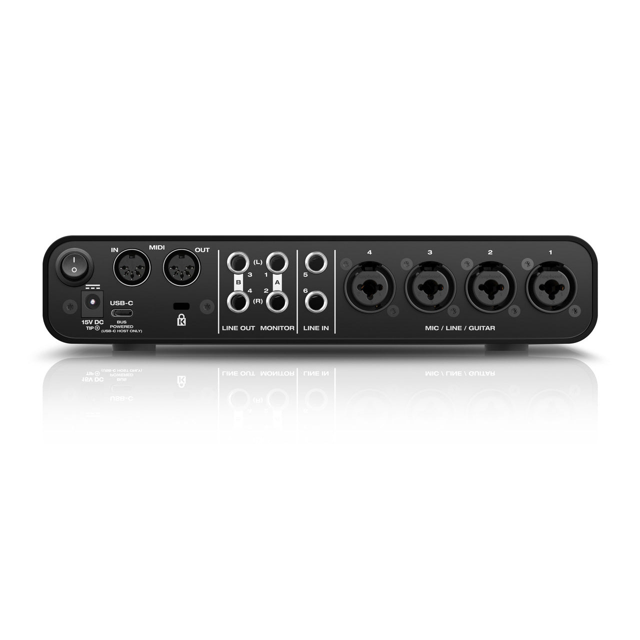 MOTU M6 6x4 USB-C Audio Interface back view, displaying its four combo XLR/TRS inputs, monitor line outputs, line inputs, MIDI in/out ports, USB-C port, and power switch.