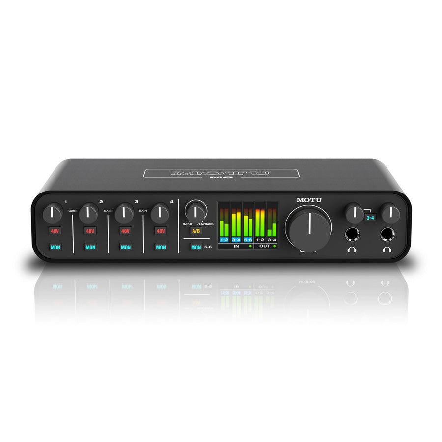 MOTU M6 6x4 USB-C Audio Interface, showing its front panel with gain controls, buttons for phantom power and individual mointoring, A/B switch, two headphone outs and a large LCD metering display.