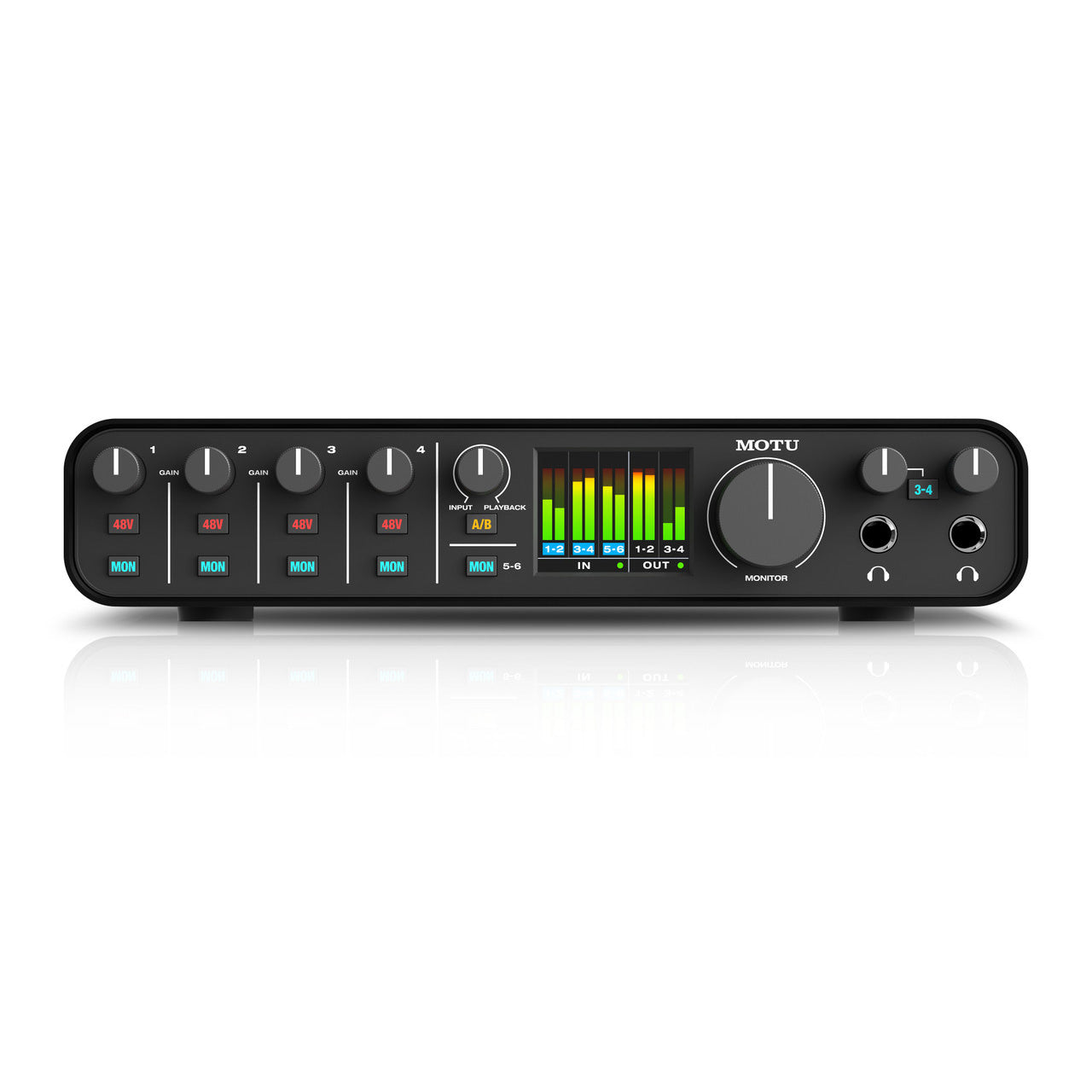 MOTU M6 6x4 USB-C Audio Interface, showing its front panel with gain controls, buttons for phantom power and individual mointoring, A/B switch, two headphone outs and a large LCD metering display.
