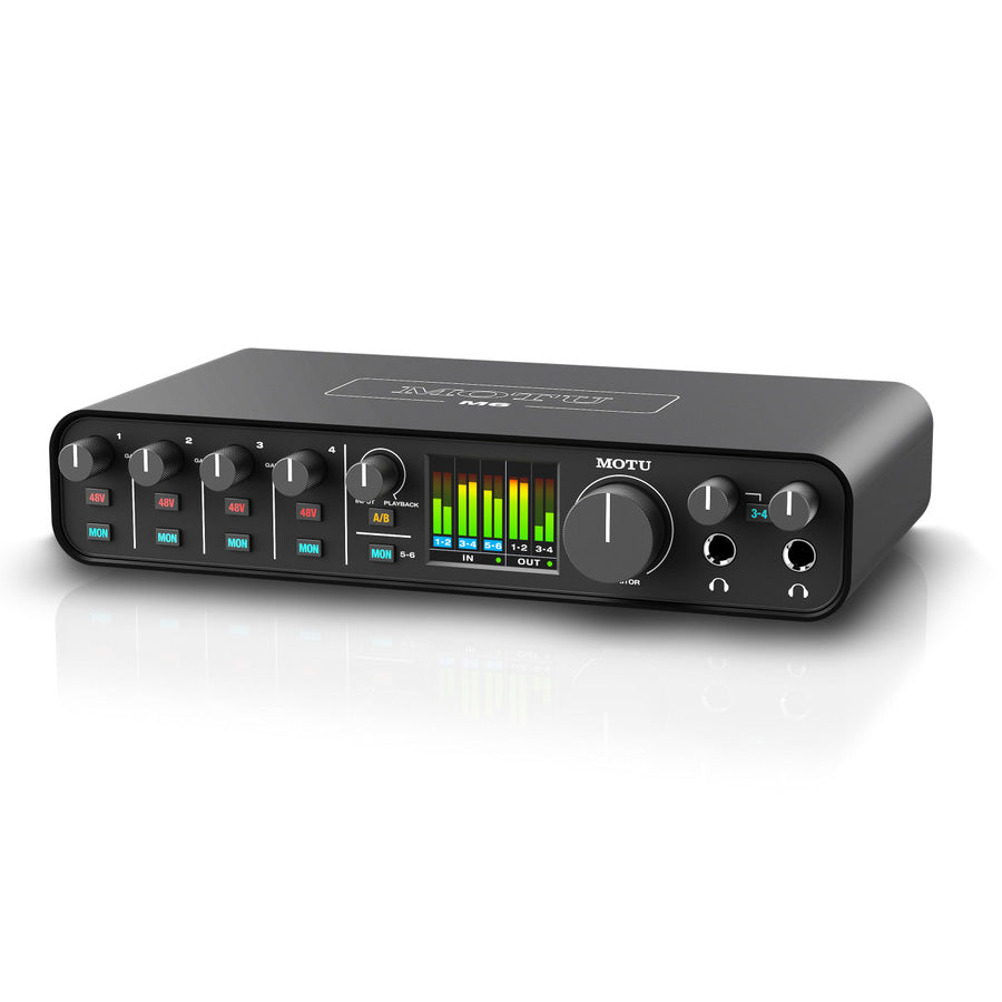 MOTU M6 6x4 USB-C Audio Interface, showing its front panel with gain controls, buttons for phantom power and individual mointoring, A/B switch, two headphone outs and a large LCD metering display.