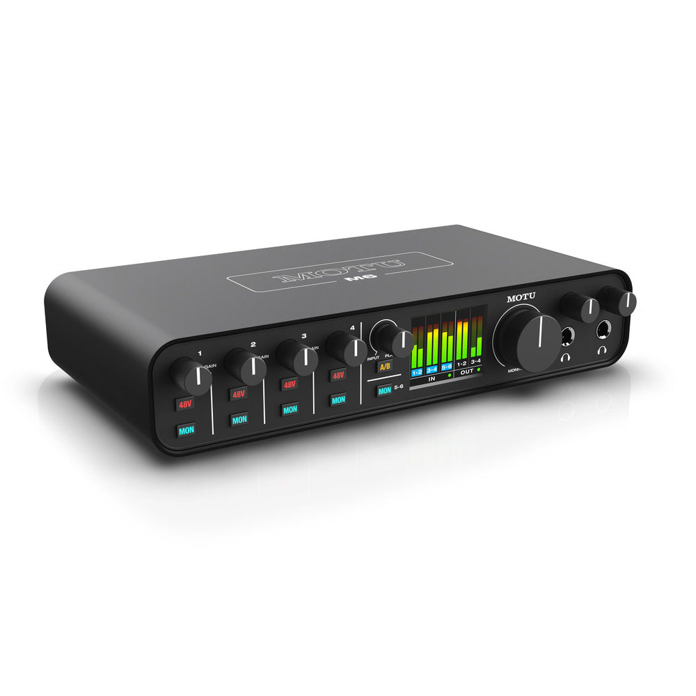 MOTU M6 6x4 USB-C Audio Interface, showing its front panel with gain controls, buttons for phantom power and individual mointoring, A/B switch, two headphone outs and a large LCD metering display.